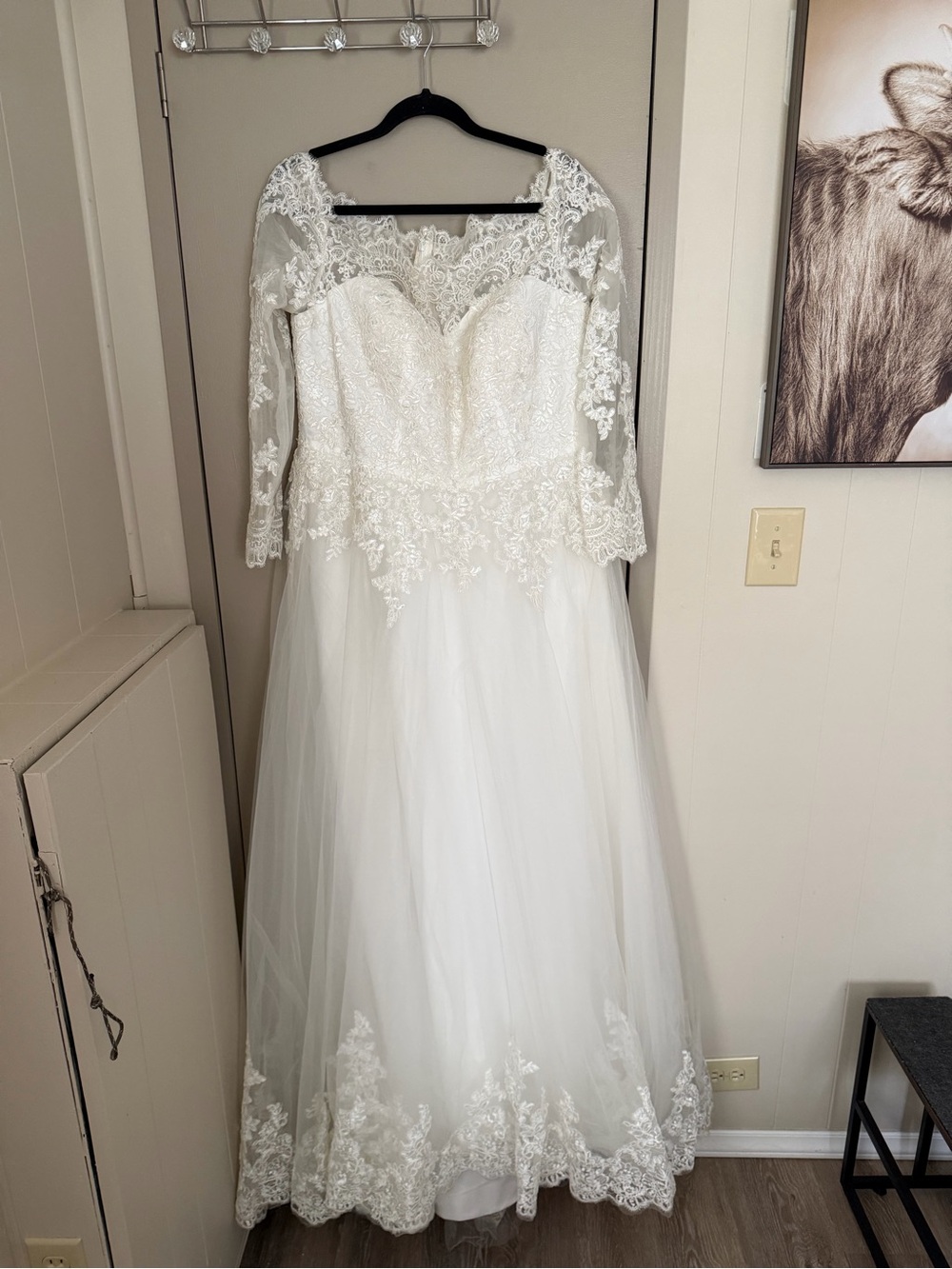Lace Appliqué A-Line Bridal Gown with Illusion Long Sleeves - White